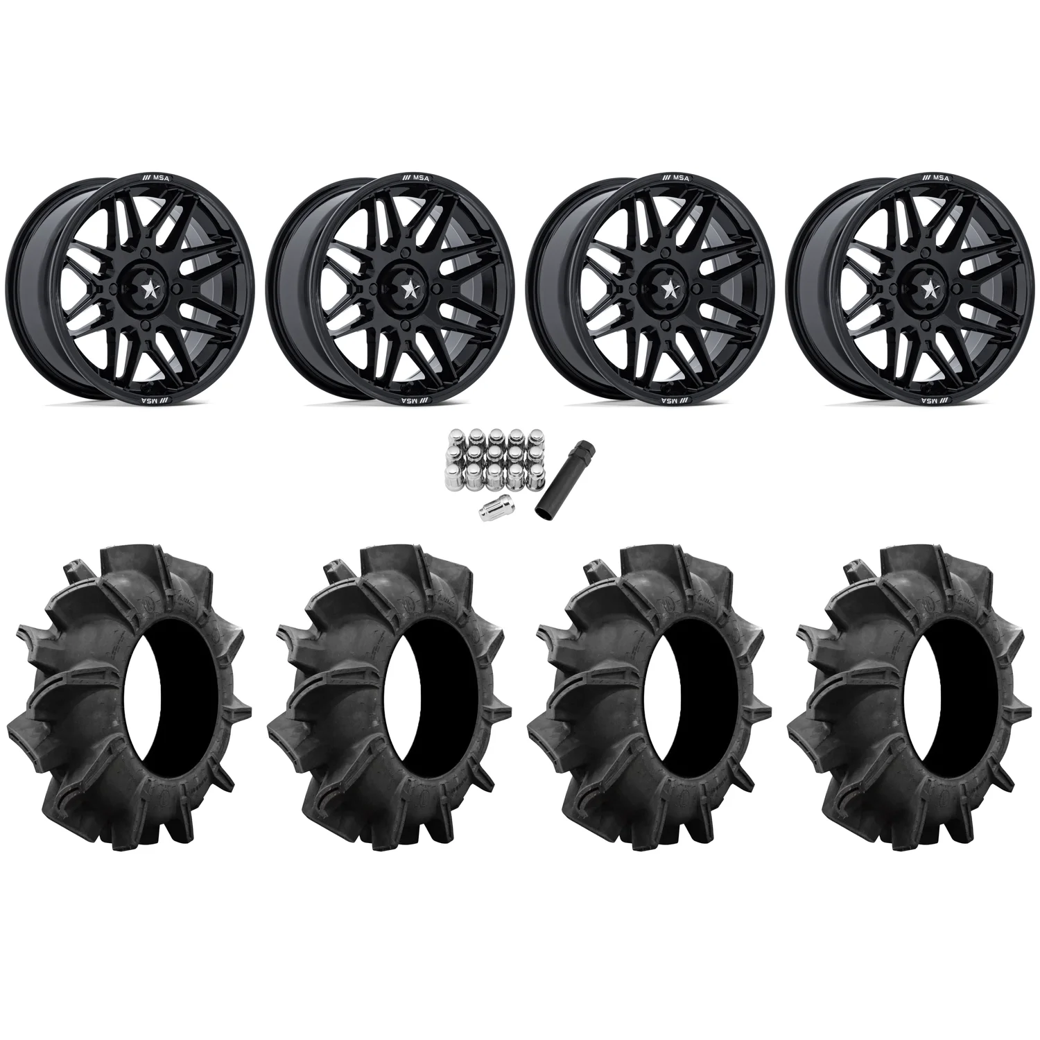 Assassinator Mud Tires 32x8-14 on MSA M52 Radar Gloss Black Wheels